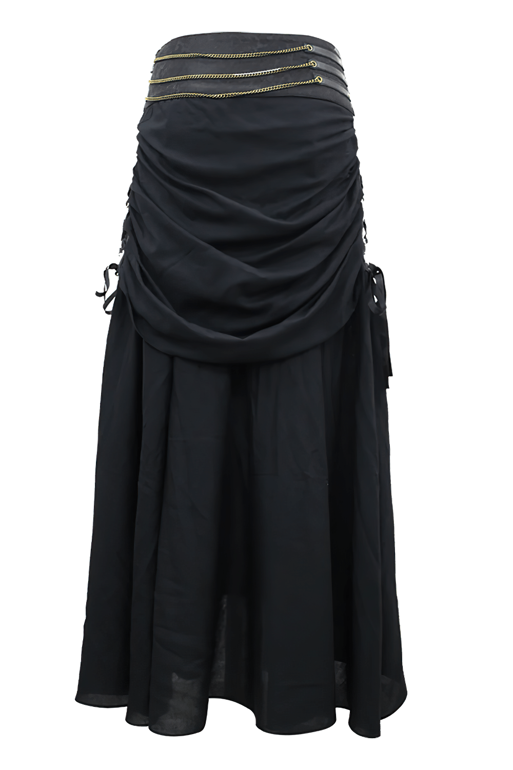 Alt Tag: Victorian Stylish Skirt with Ruched Drape and Chain black gothic maxi ruched bustle skirt with layered chains and side tie cords