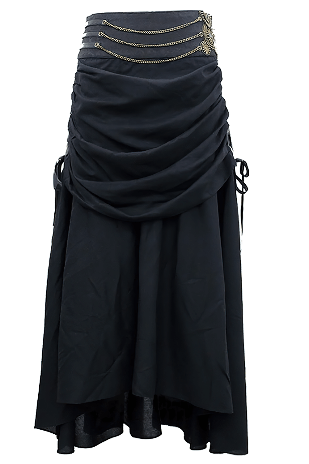 Alt Tag: Victorian Stylish Skirt with Ruched Drape and Chain black gothic maxi bustle skirt with layered waist chains and side tie cords