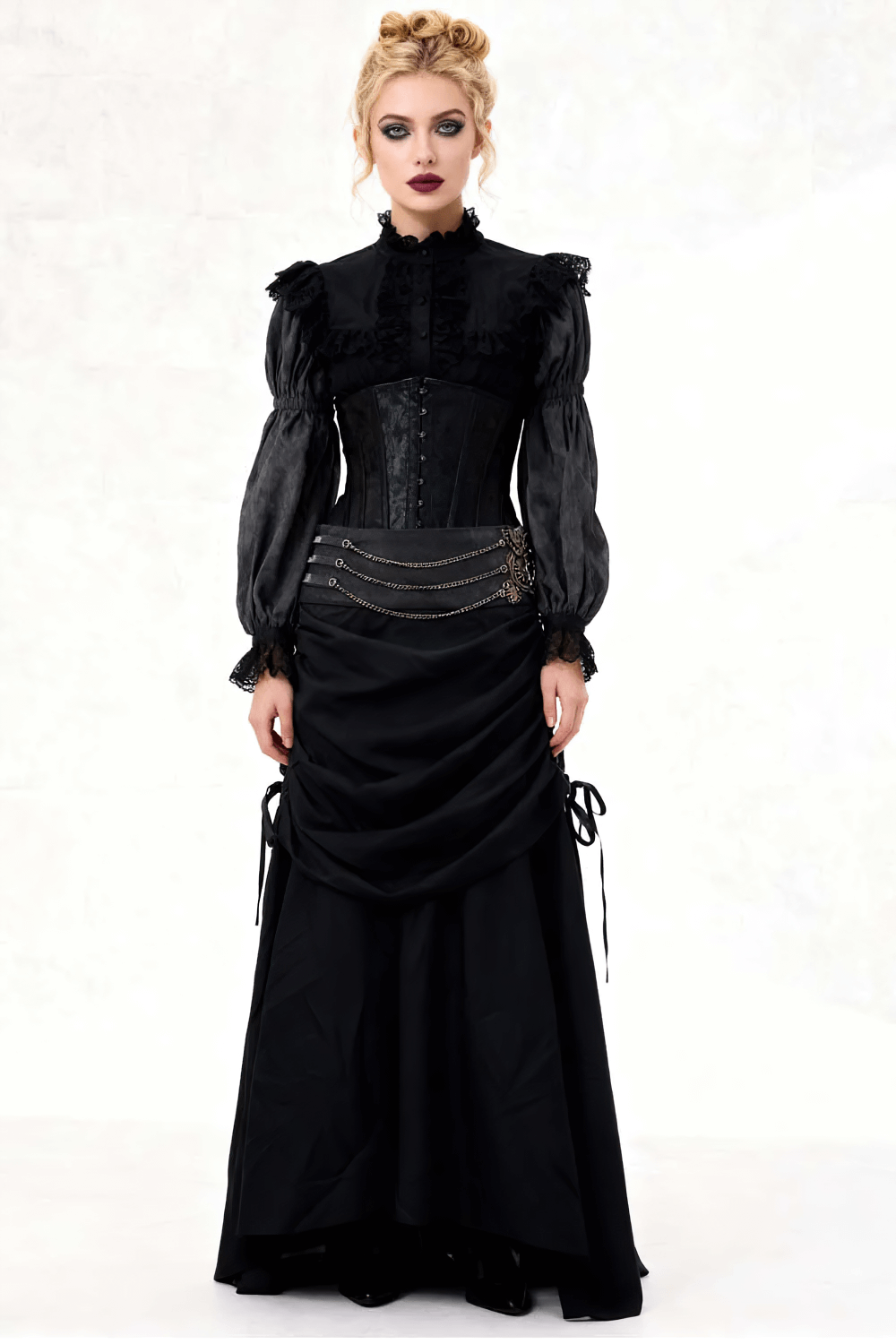 Alt Tag: Victorian Stylish Skirt with Ruched Drape and Chain black gothic maxi bustle skirt with chains and side tie cords, front view