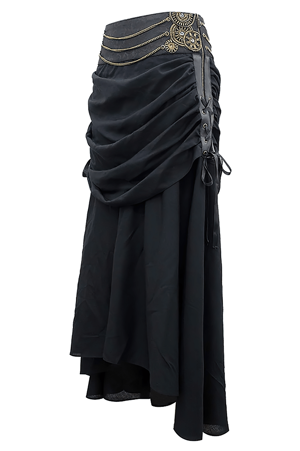 Alt Tag: Victorian Stylish Skirt with Ruched Drape and Chain black gothic maxi bustle skirt with chain waist, ruched drape, side tie cords
