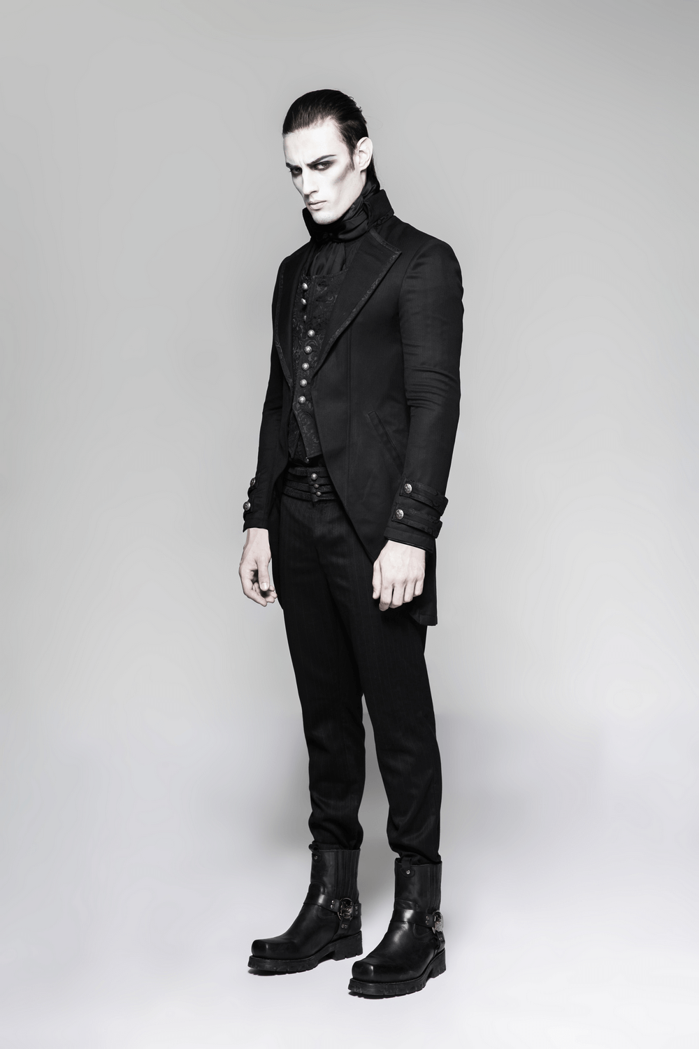 Elegant Victorian tailcoat gothic jacket worn by a model, showcasing dark steampunk aesthetics.