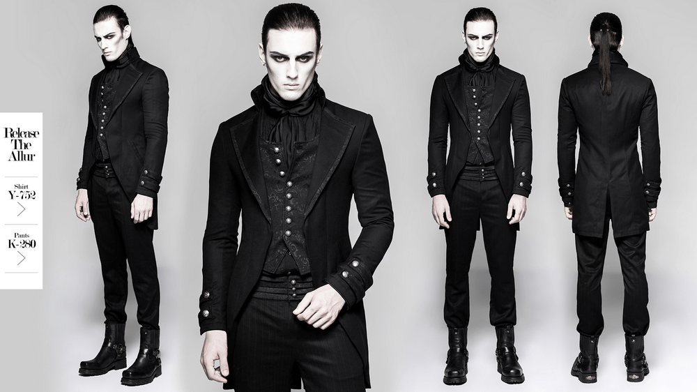 Victorian Tailcoat Gothic Jacket displayed on model, showcasing dark elegance and steampunk style in high-quality fabric.