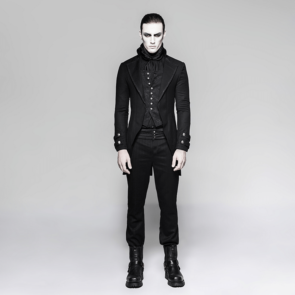 Gothic gentleman modeling a Victorian Tailcoat Jacket, exuding dark elegance and steampunk charm.