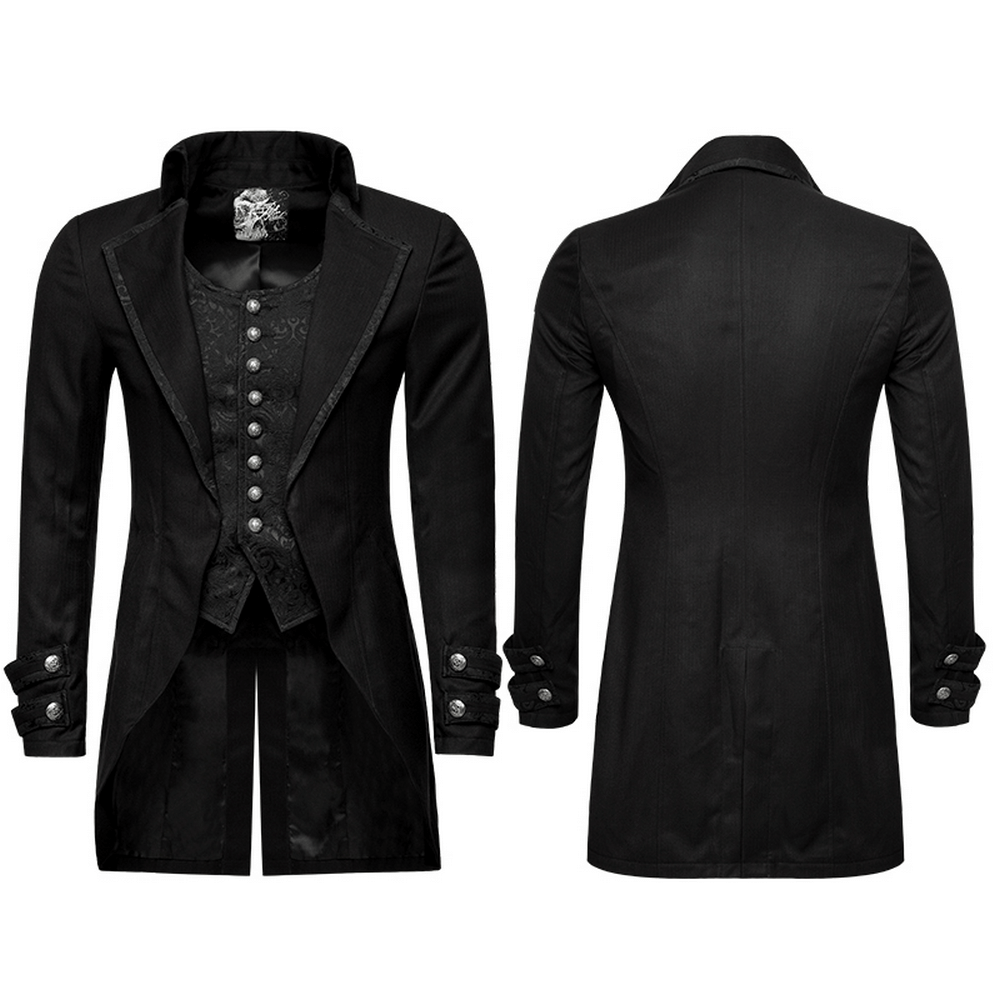 Victorian Tailcoat Gothic Jacket showcasing dark elegance with intricate buttons and a stylish silhouette.