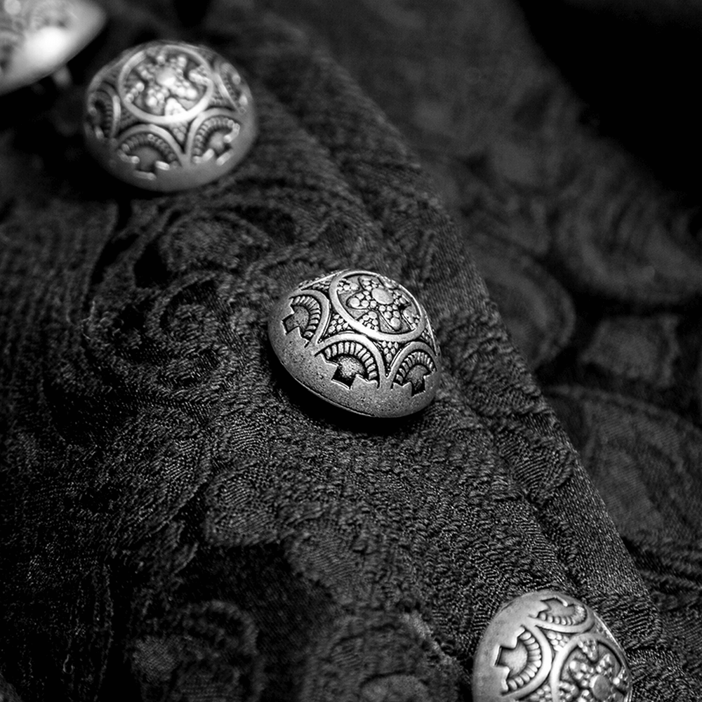 Close-up of ornate silver buttons on a black Victorian Tailcoat Gothic Jacket, showcasing intricate detailing and vintage style.