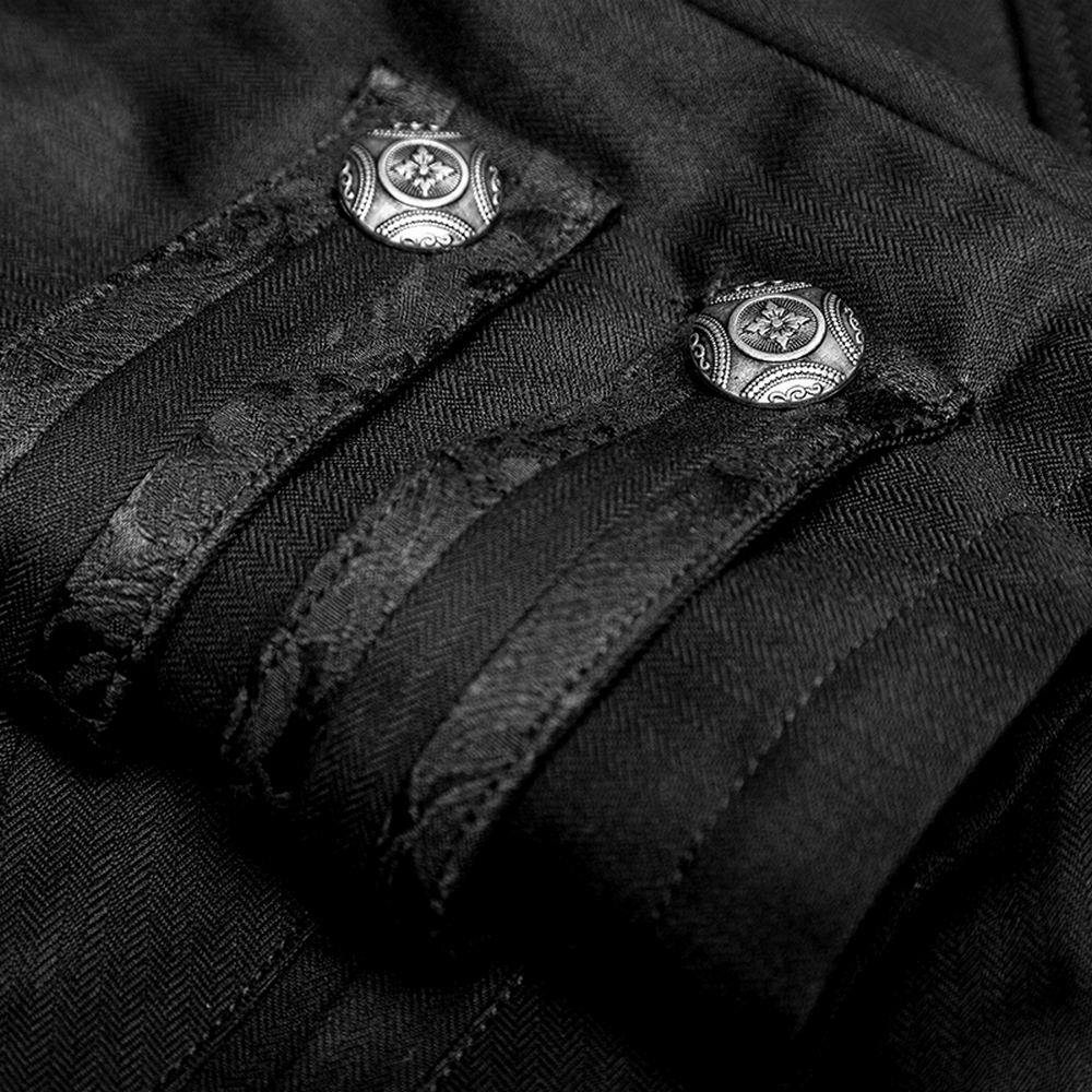 Close-up of Victorian Tailcoat Gothic Jacket detailing, featuring ornate buttons and textured fabric.