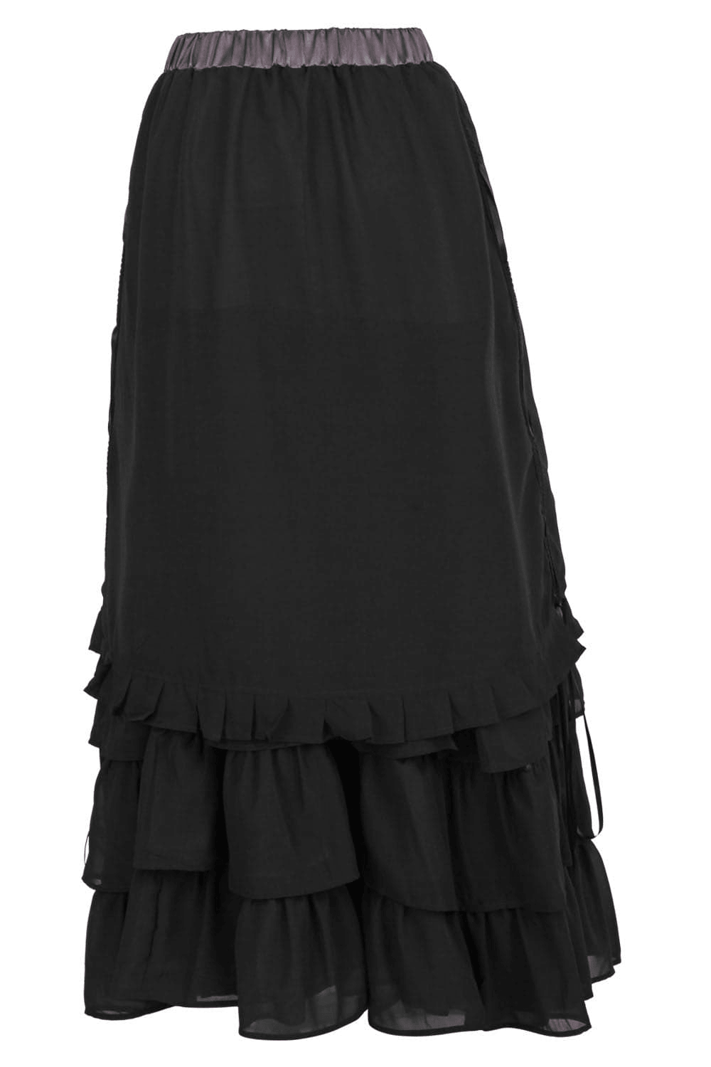 Victorian Tiered Maxi Skirt with Ruffle Hem and Waistband in black with flowing ruffles and elastic waistband.