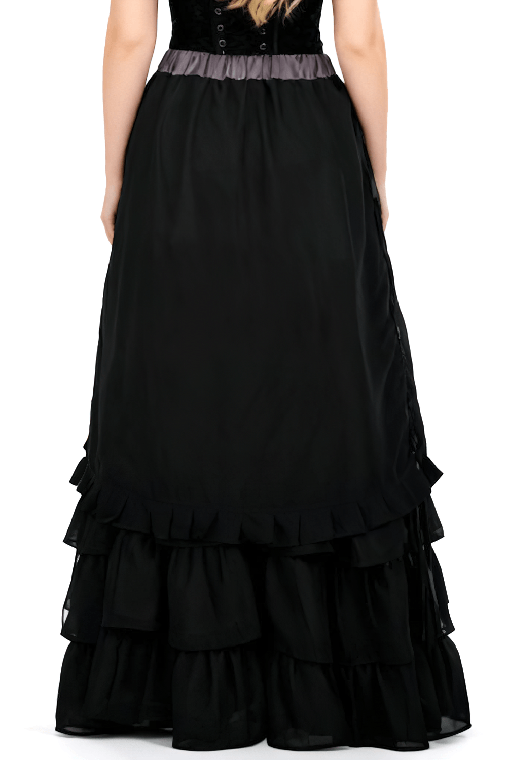 Victorian Tiered Maxi Skirt with Ruffle Hem and Waistband, back view showcasing cascading ruffles and elastic waistband.