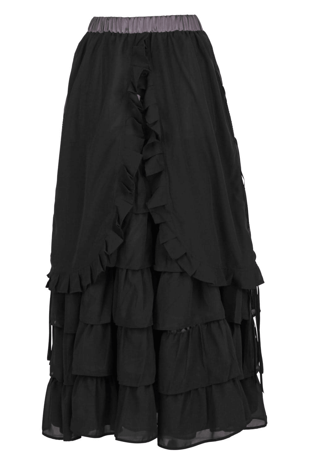 Victorian Tiered Maxi Skirt with Ruffle Hem and Waistband, black gothic layered maxi skirt with flowing ruffles.