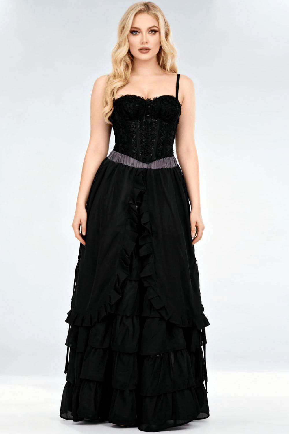 Victorian Tiered Maxi Skirt with Ruffle Hem and Waistband displayed on model with flowing ruffles and corset top.