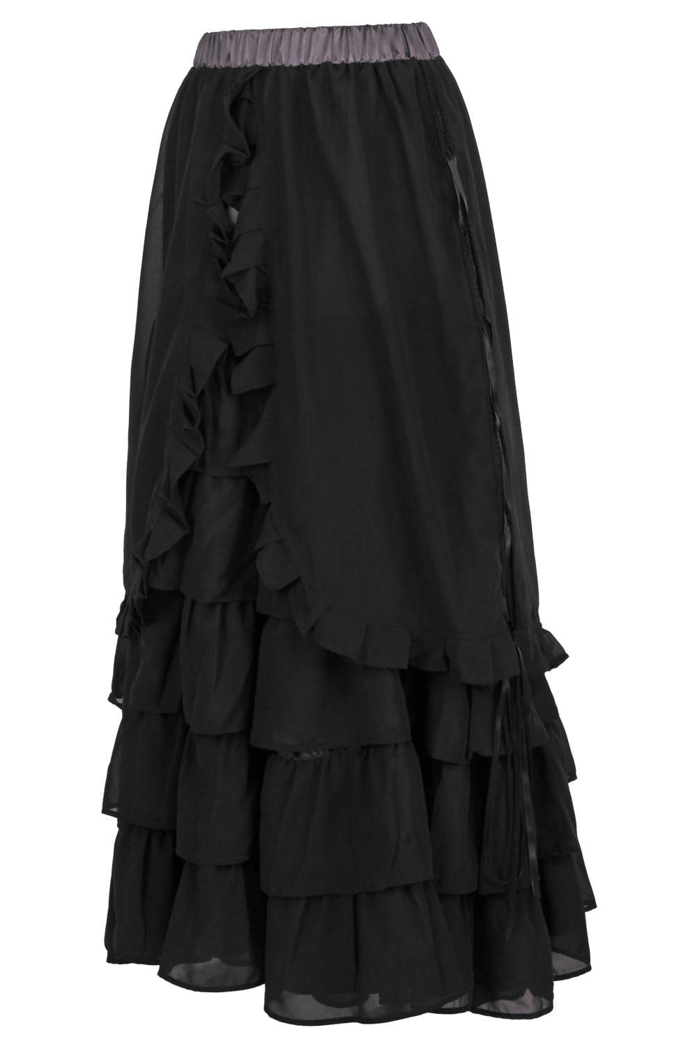 Victorian Tiered Maxi Skirt with Ruffle Hem and Waistband in black with cascading layers of ruffles.