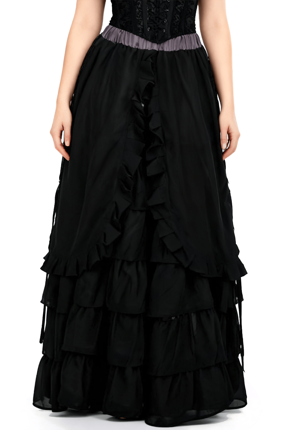 Victorian Tiered Maxi Skirt with Ruffle Hem and Waistband featuring flowing ruffles and a dramatic silhouette.