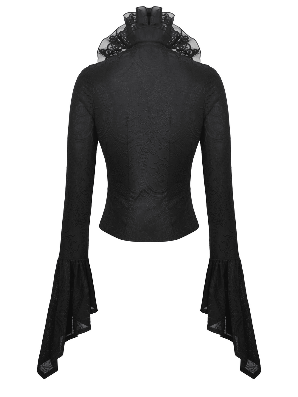 Black Victorian top with ruffled lace collar, flared sleeves, and ornate textured fabric. Perfect for gothic elegance.