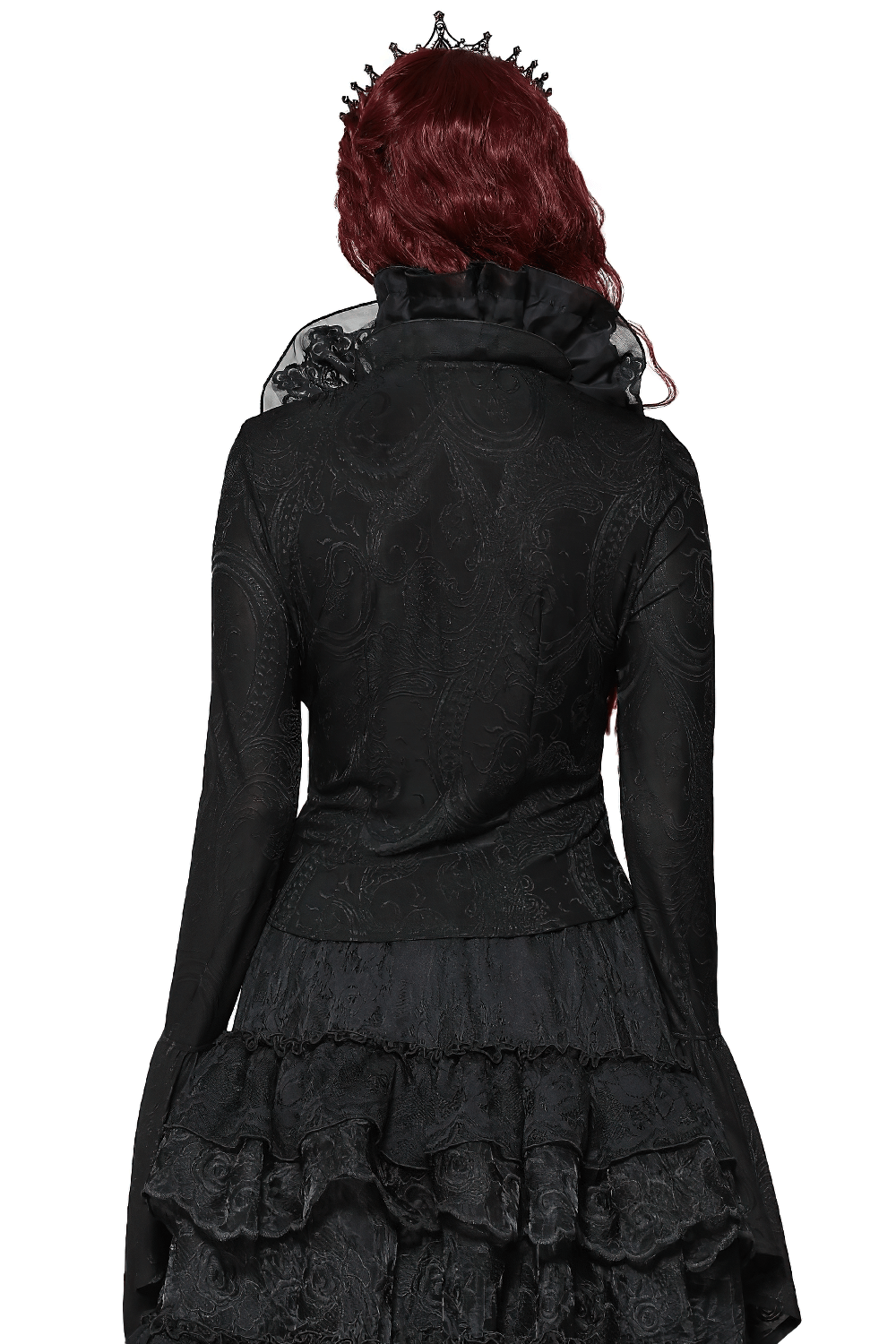 Back view of a Victorian top with ruffled collar and flared sleeves, showcasing elegant lace trim and textured fabric.