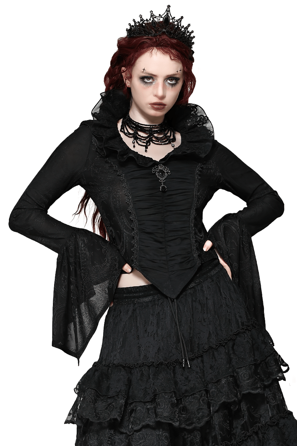 Gothic Victorian top with ruffled collar, flared sleeves, and lace trim, perfect for vintage-inspired looks.