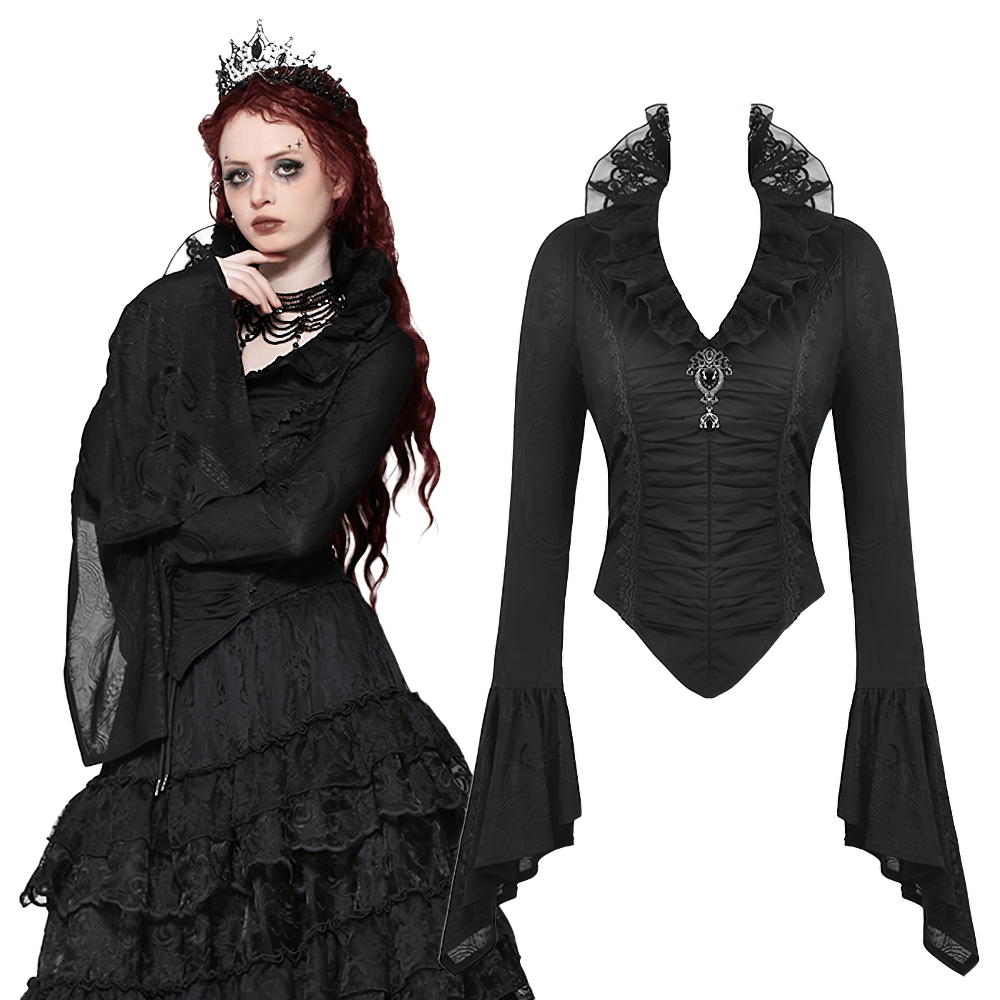 Victorian black top with ruffled collar, lace trim, and flared sleeves, embodying gothic elegance in striking fashion.