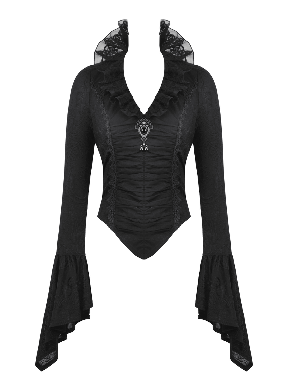 Elegant Victorian top with ruffled collar, flared sleeves, lace trim, and ornate pendant for gothic style.