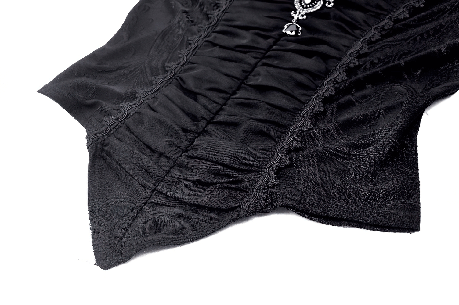 Close-up of a gothic Victorian top with ruffled collar, lace trim, and intricate textured fabric in elegant black.