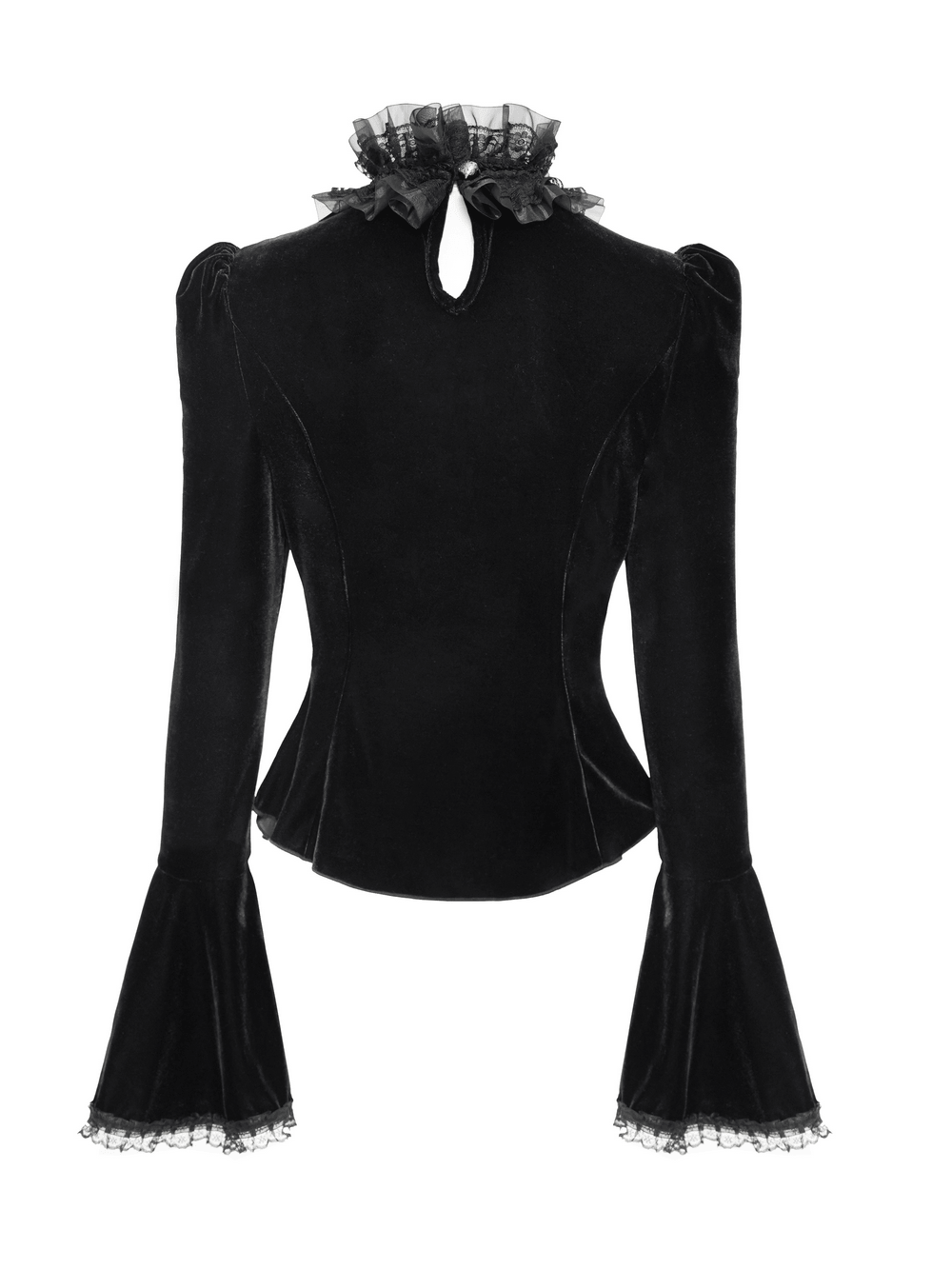 Victorian Vampire Bell Sleeved Blouse with High Lace Collar, black velvet Gothic top with ruffled collar and lace trim