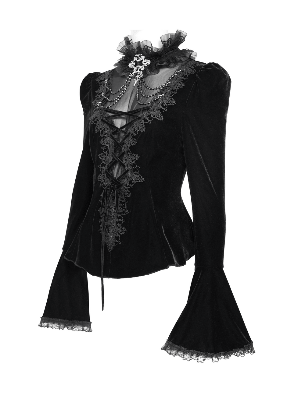 Victorian Vampire Bell Sleeved Blouse with High Lace Collar, black Gothic velvet blouse with lace-up front and flared sleeves