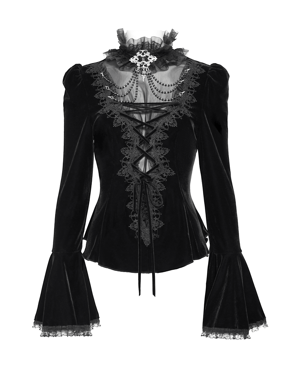 Victorian Vampire Bell Sleeved Blouse with High Lace Collar, black gothic velvet blouse with lace-up front and ruffles