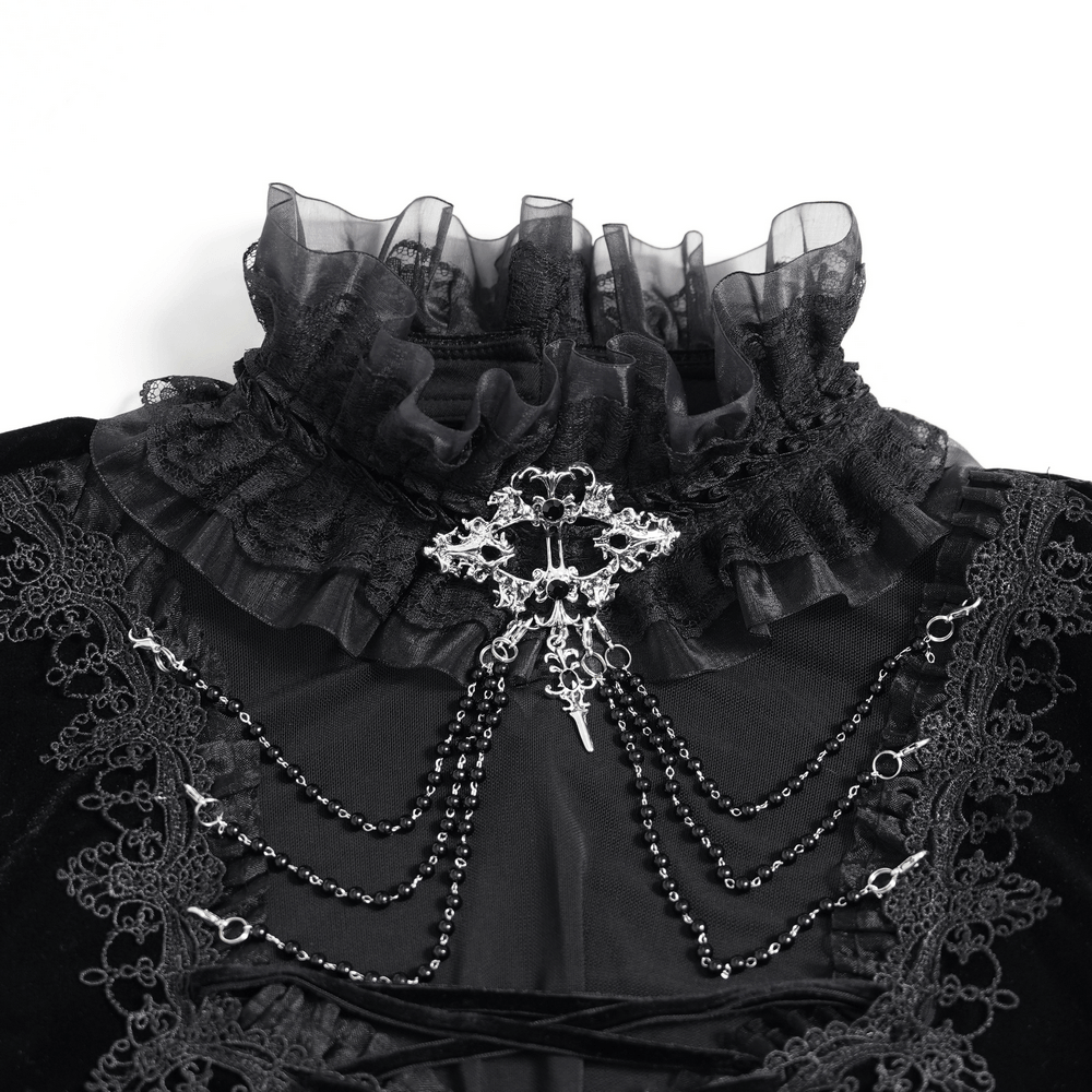 Victorian Vampire Bell Sleeved Blouse with High Lace Collar, gothic black velvet blouse with ruffles and lace-up detail