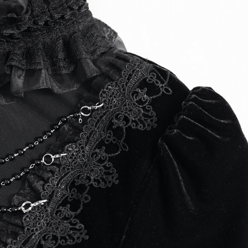 Victorian Vampire Bell Sleeved Blouse with High Lace Collar, black velvet Gothic blouse with lace-up front and ruffles