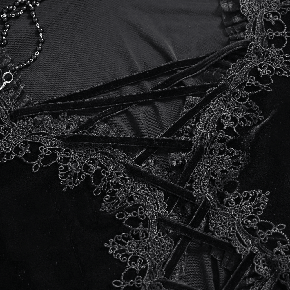 Victorian Vampire Bell Sleeved Blouse with High Lace Collar black velvet lace-up front and ornate gothic detailing
