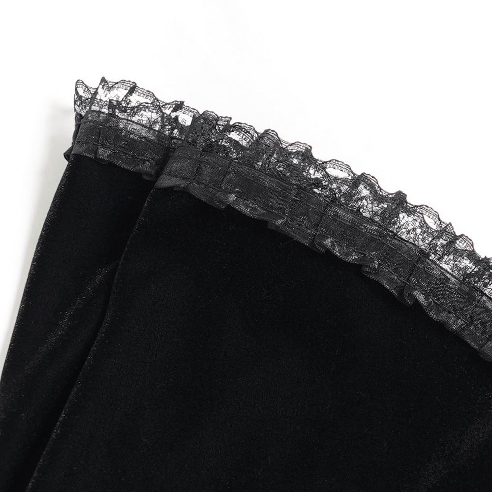 Victorian Vampire Bell Sleeved Blouse with High Lace Collar, black velvet gothic blouse with lace trim and ruffled detail