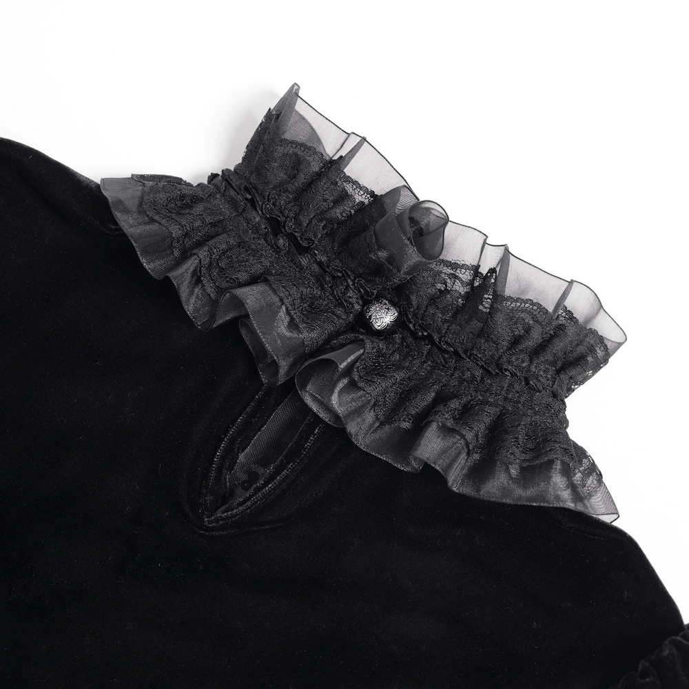 Victorian Vampire Bell Sleeved Blouse with High Lace Collar, black gothic velvet blouse with ruffled collar