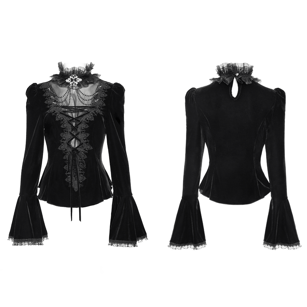 Victorian Vampire Bell Sleeved Blouse with High Lace Collar black velvet Gothic blouse with lace-up front and ruffles