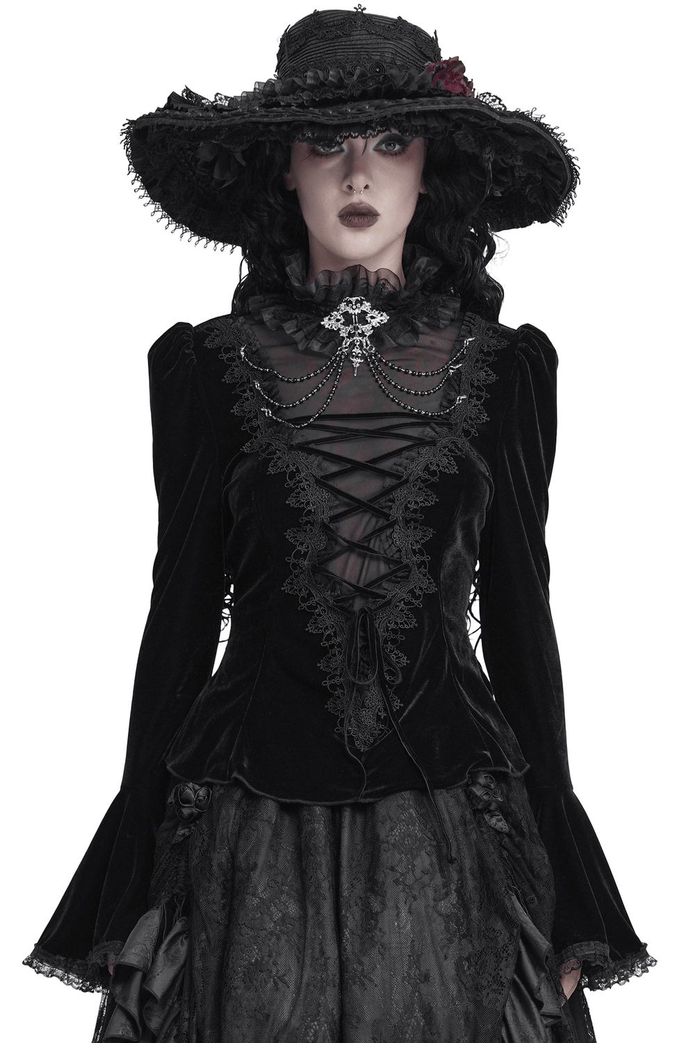 Victorian Vampire Bell Sleeved Blouse with High Lace Collar, black velvet Gothic blouse with lace-up front and ruffled sleeves