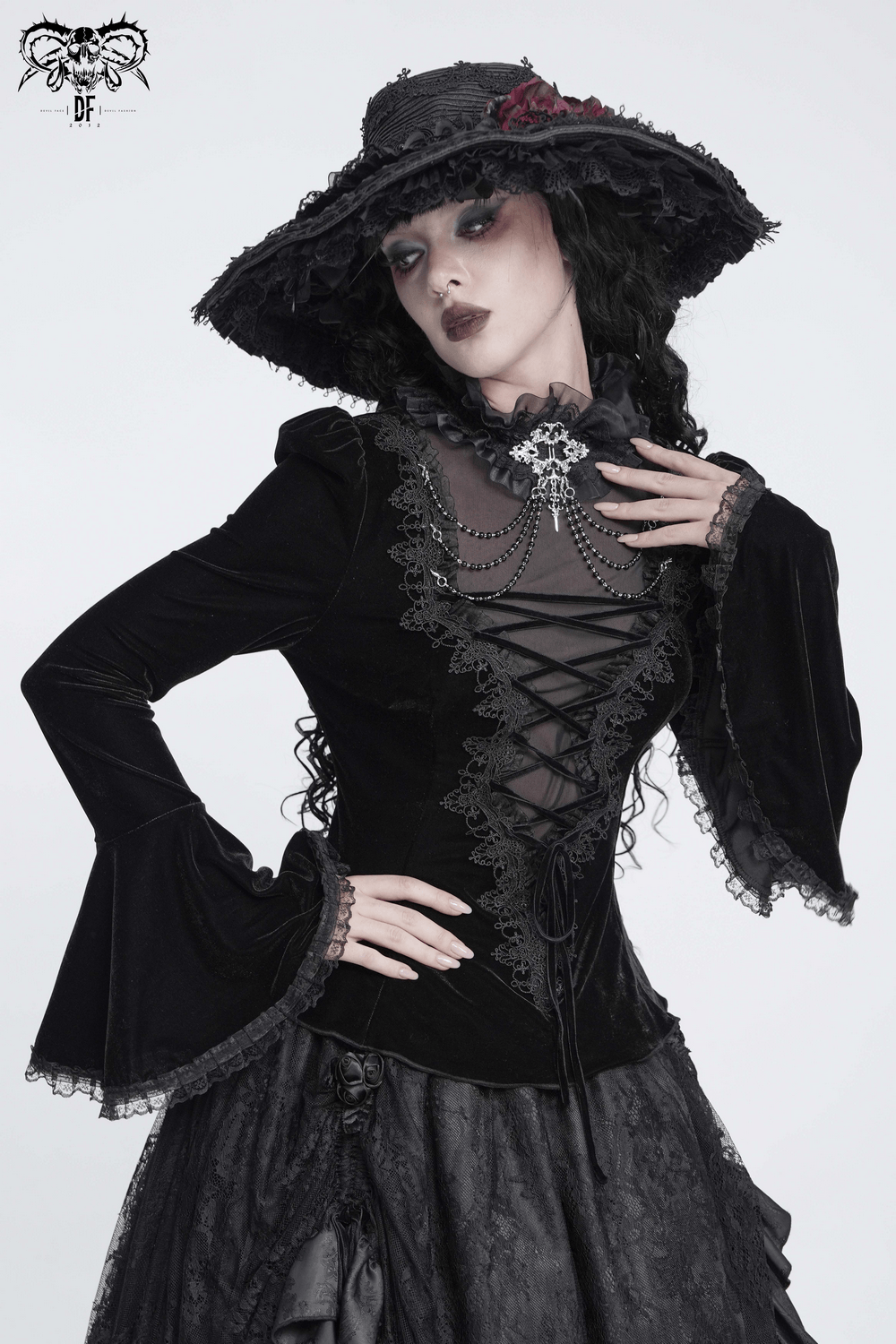 Victorian Vampire Bell Sleeved Blouse with High Lace Collar, black velvet Gothic blouse with lace-up front and dramatic flared sleeves