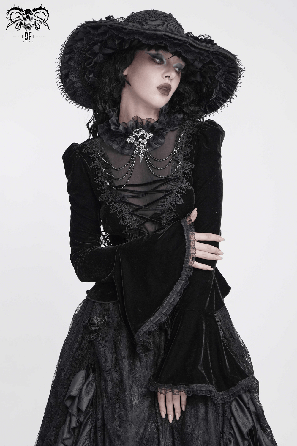 Victorian Vampire Bell Sleeved Blouse with High Lace Collar, black Gothic velvet blouse with lace-up front and ruffles