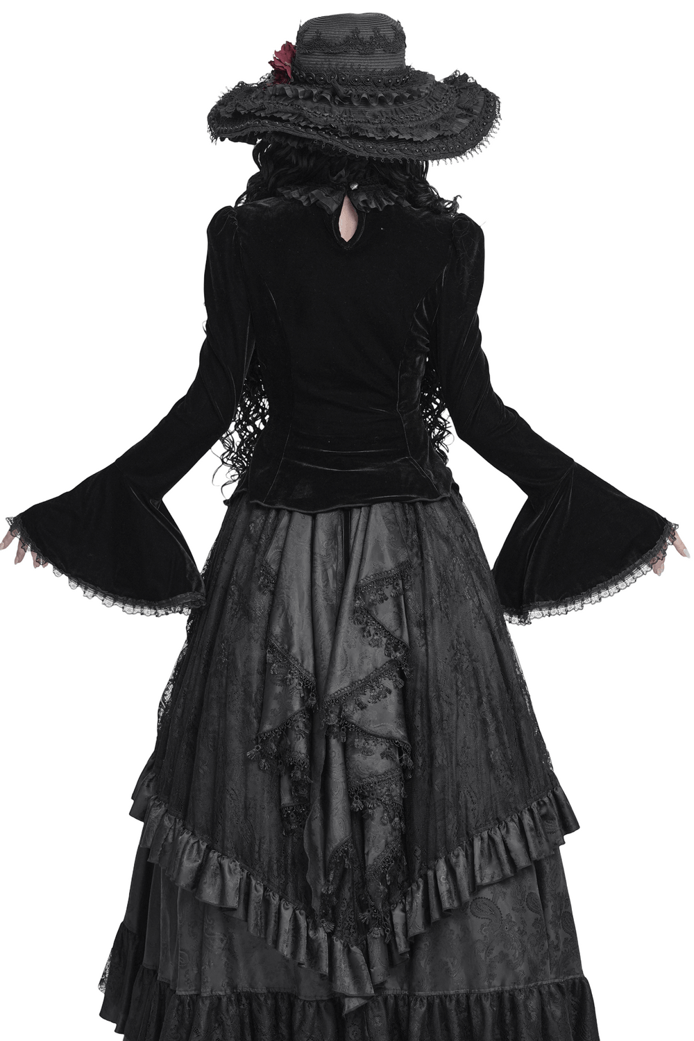 Victorian Vampire Bell Sleeved Blouse with High Lace Collar, black velvet Gothic blouse with flared sleeves and ruffled hem