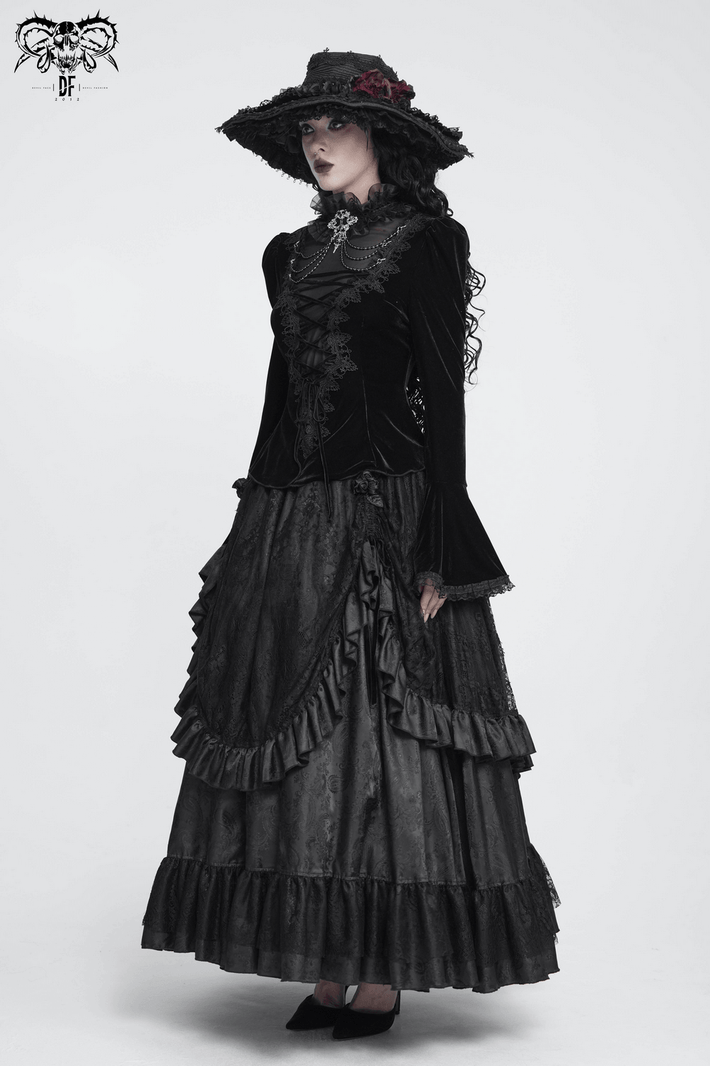Victorian Vampire Bell Sleeved Blouse with High Lace Collar, gothic velvet blouse with lace-up front and ruffled Victorian drama