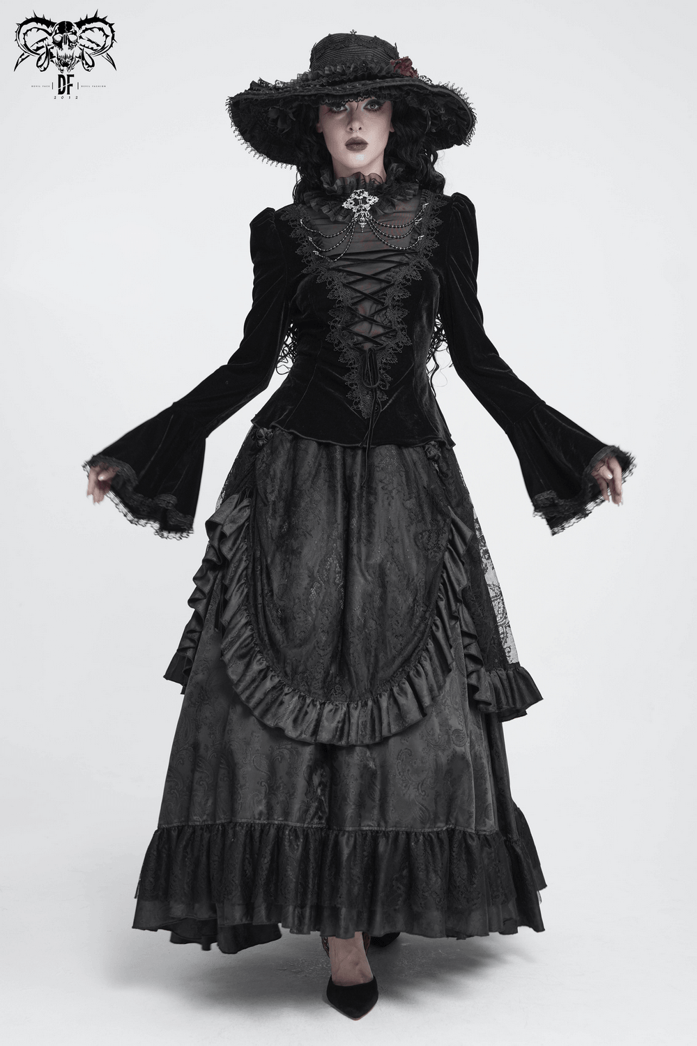 Victorian Vampire Bell Sleeved Blouse with High Lace Collar, gothic velvet lace-up front and dramatic ruffled sleeves