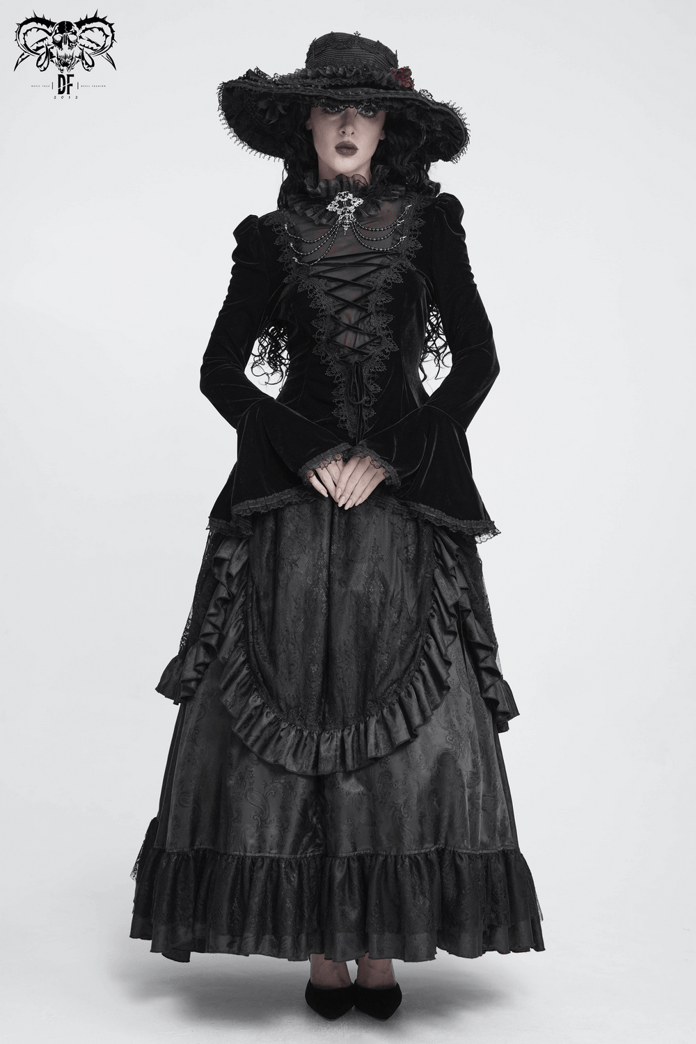 Victorian Vampire Bell Sleeved Blouse with High Lace Collar, black gothic velvet top with lace-up front and ruffled details