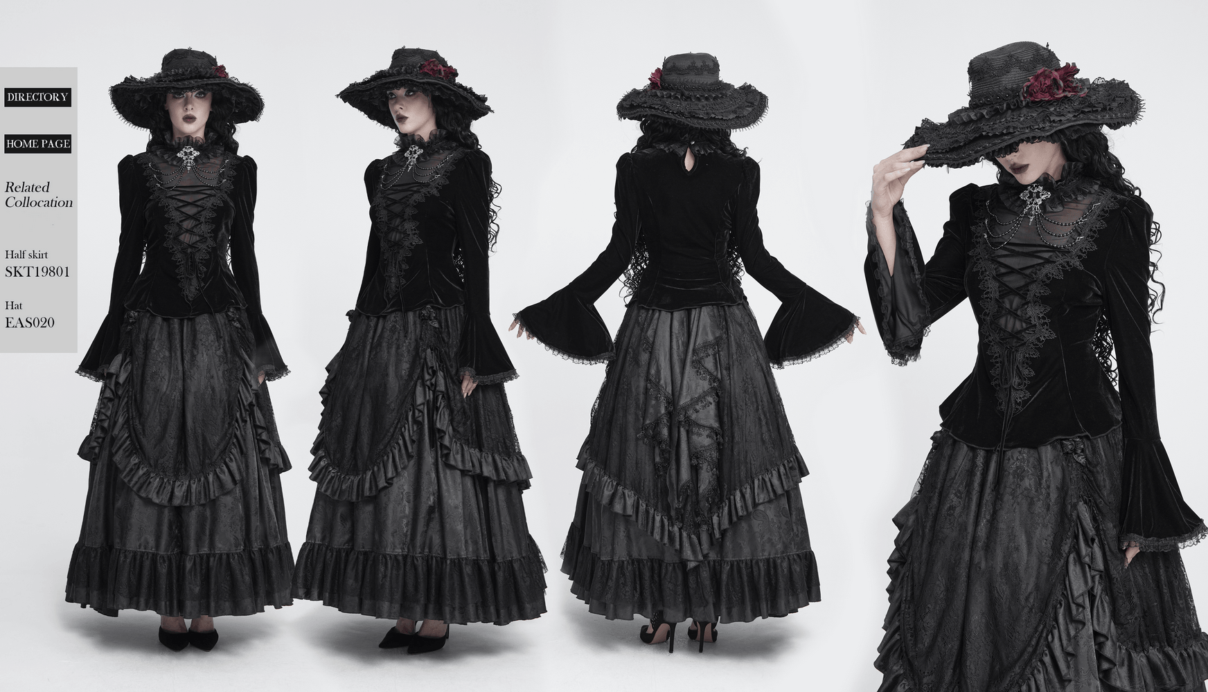 Victorian Vampire Bell Sleeved Blouse with High Lace Collar black gothic velvet corset top with ruffled lace-up front
