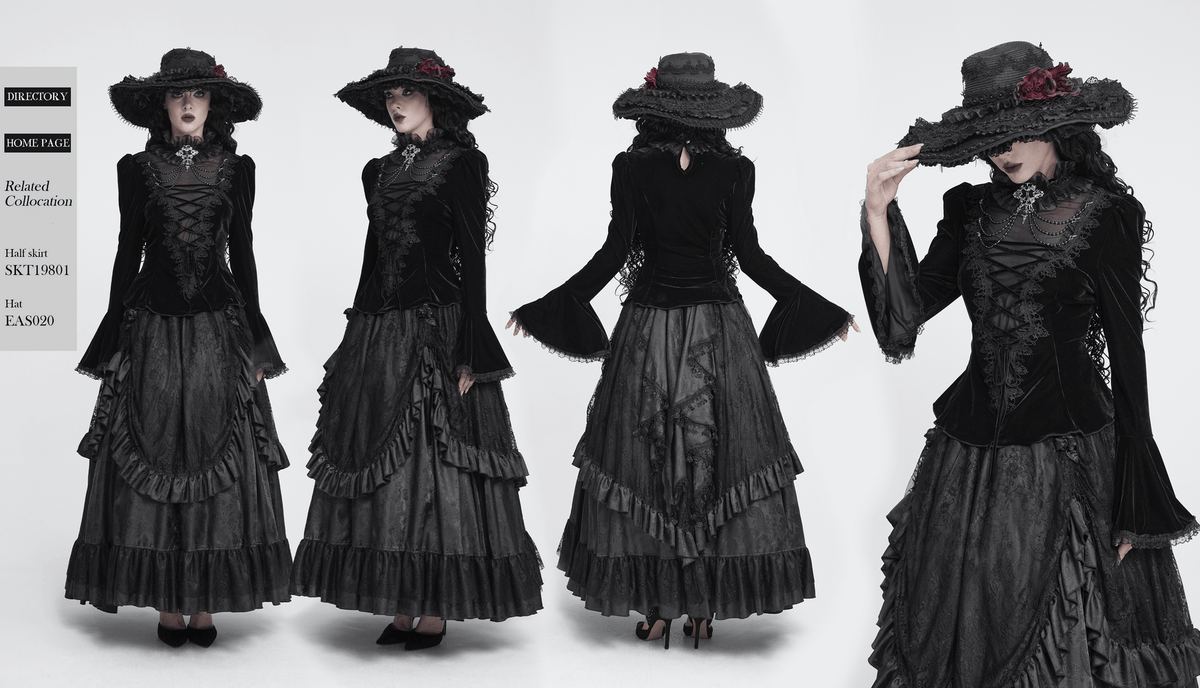 Victorian Vampire Bell Sleeved Blouse with High Lace Collar black gothic velvet corset top with ruffled lace-up front