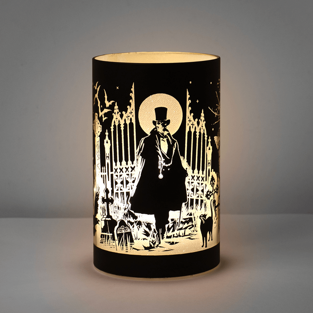 Victorian Vampire LED lantern showcasing Count Magistus in a gothic graveyard, perfect for eerie home decor.