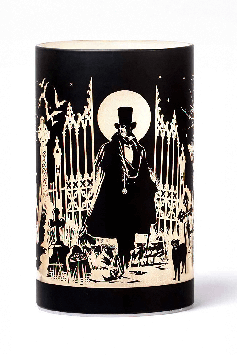 Victorian Vampire Etched Glass LED Lantern featuring Count Magistus in a gothic graveyard scene.