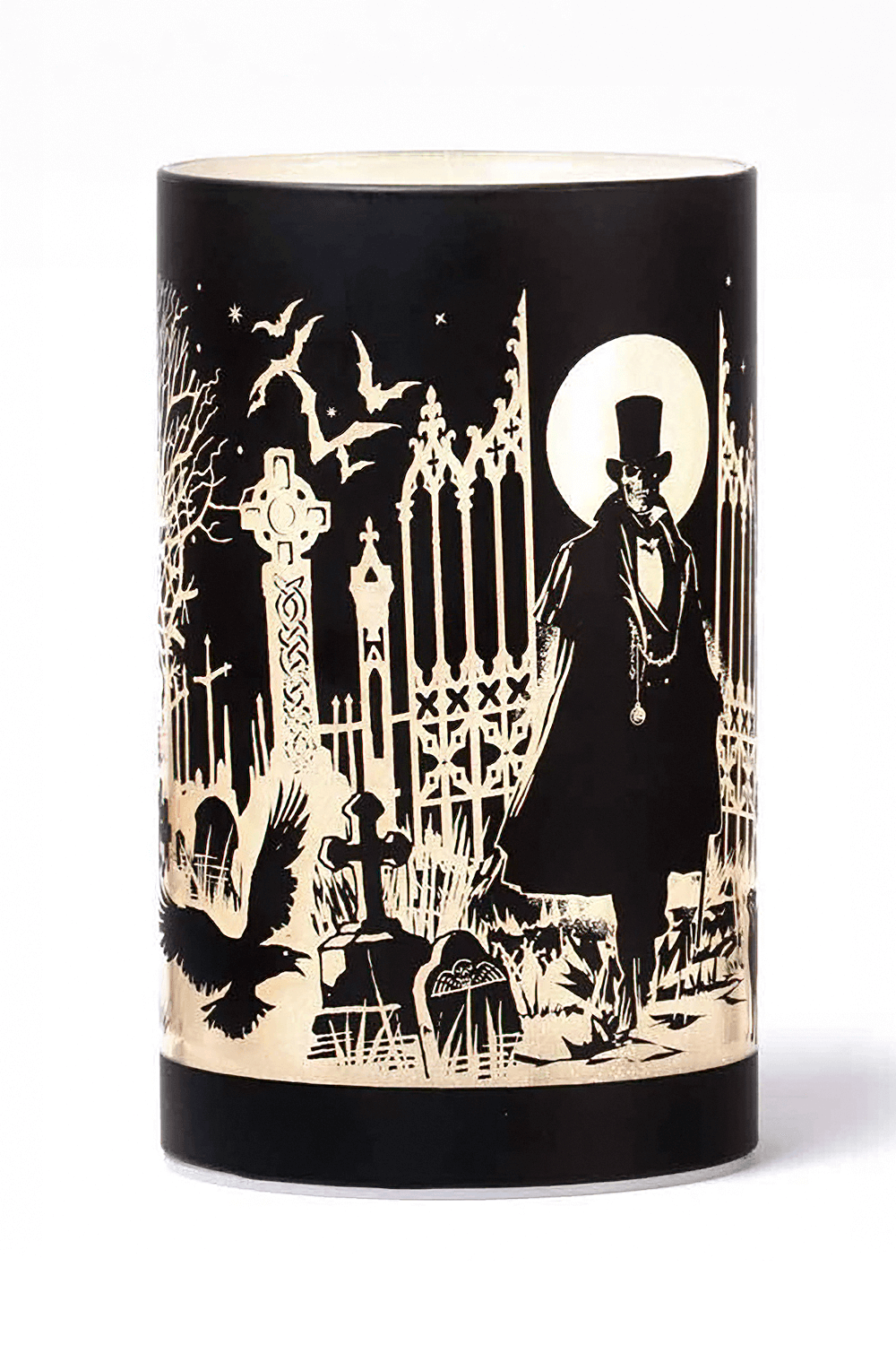 Victorian vampire etched glass lantern with graveyard scene and eerie ambiance, perfect for gothic decor.