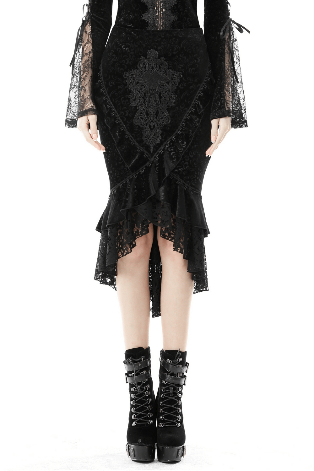 Elegant black velvet fishtail skirt with lace overlay and high-low hem for a gothic Victorian style.