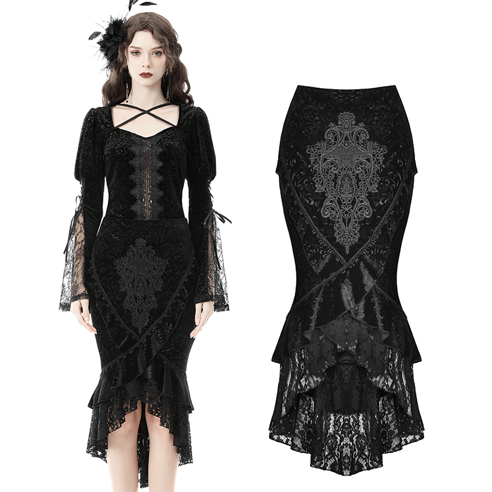 Victorian velvet fishtail skirt with lace overlay, featuring a dramatic high-low hem and elegant gothic design.