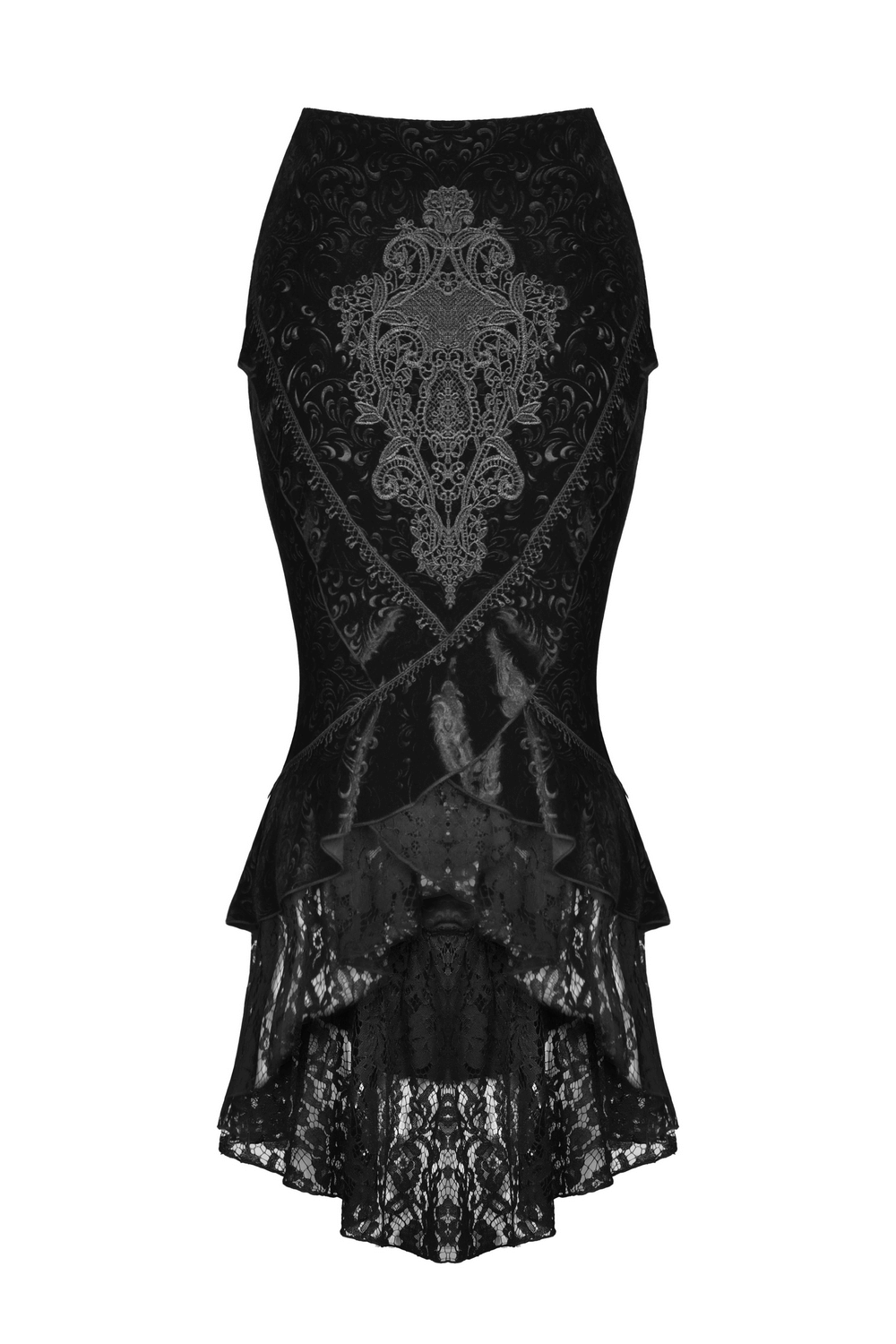 Black Victorian velvet fishtail skirt with lace overlay and dramatic high-low hem.
