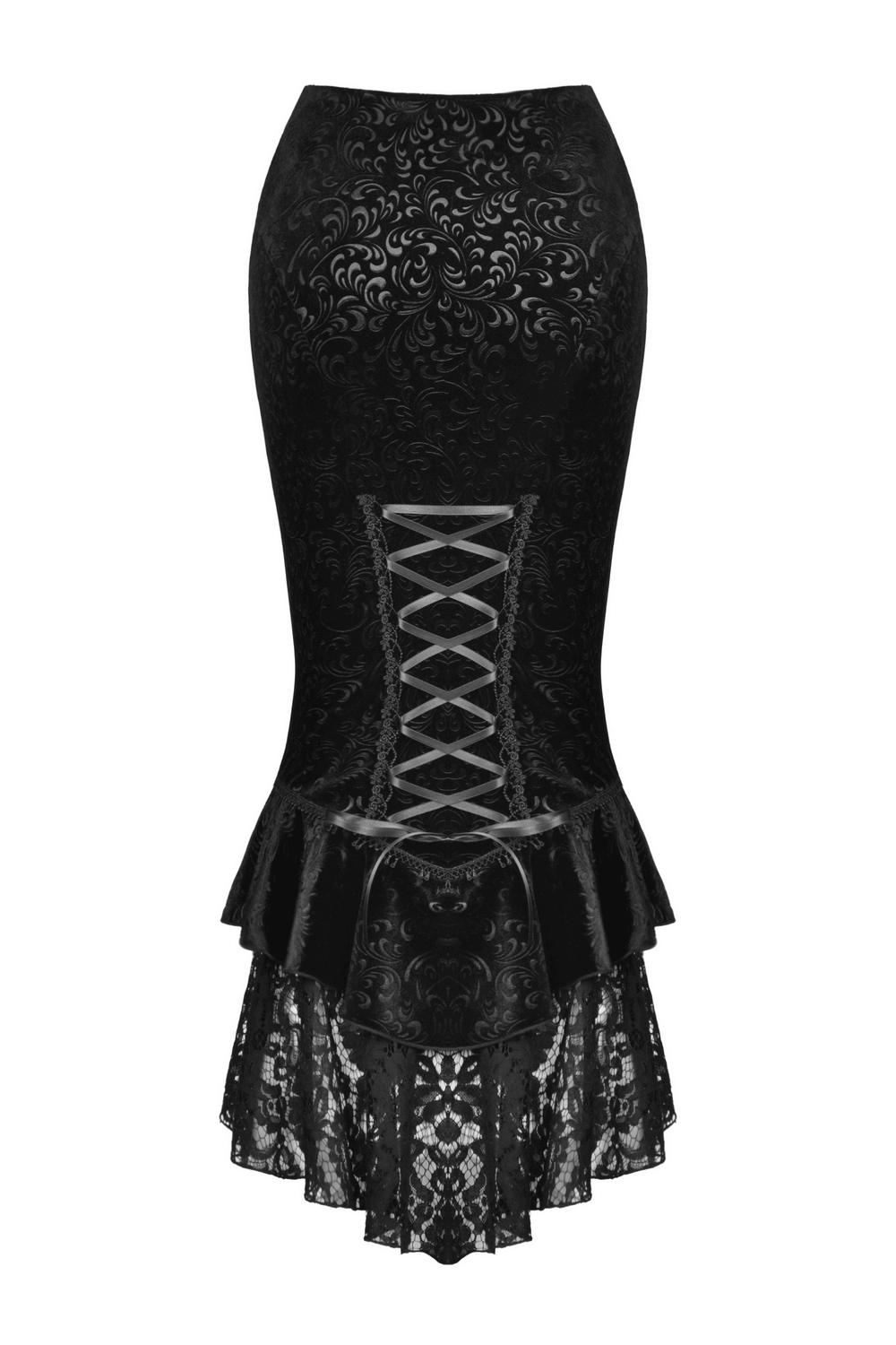 Victorian velvet fishtail skirt with lace overlay, featuring a dramatic high-low hem and intricate baroque patterns.