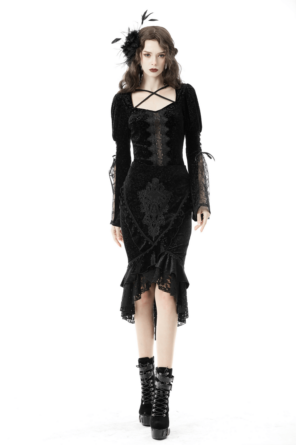 Victorian black velvet fishtail skirt with lace overlay, showcasing a dramatic high-low hem and gothic elegance.