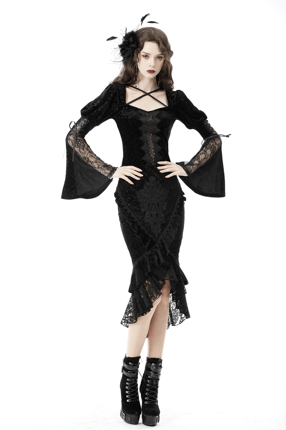 Elegant Victorian Velvet Fishtail Skirt with lace overlay on model, showcasing a dramatic high-low hem in gothic style.