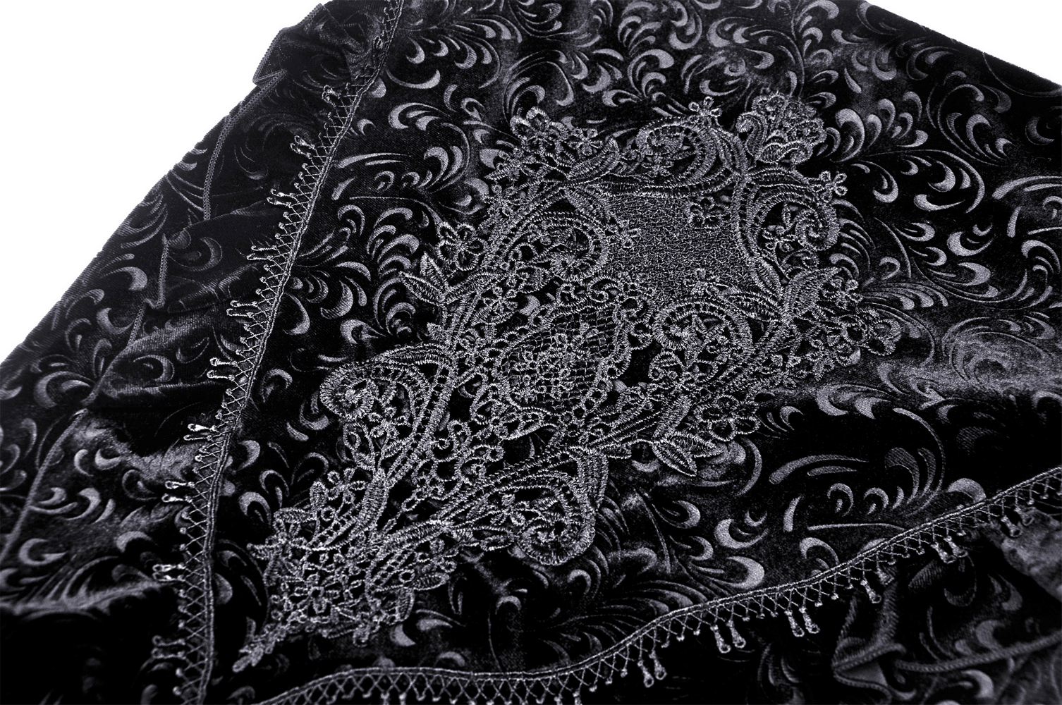 Elegant black velvet fabric featuring intricate baroque patterns and lace detail for a gothic Victorian style.